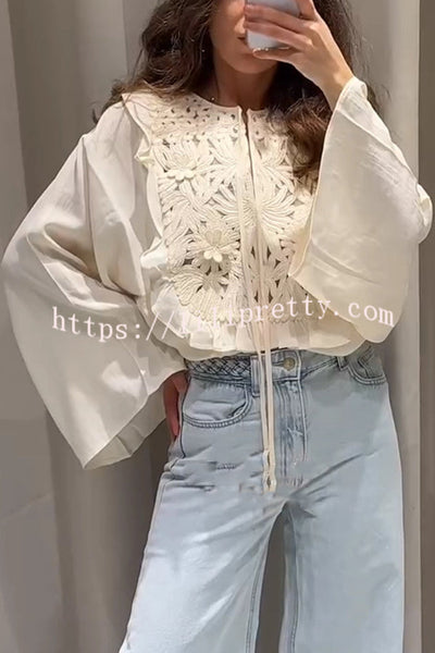 Fashionable Round Neck Tie Hollow Stitching Casual Shirt