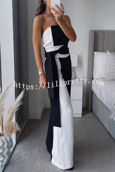 Fashionable for Formal Color Block Tie-up Bandeau Wide Leg Jumpsuit