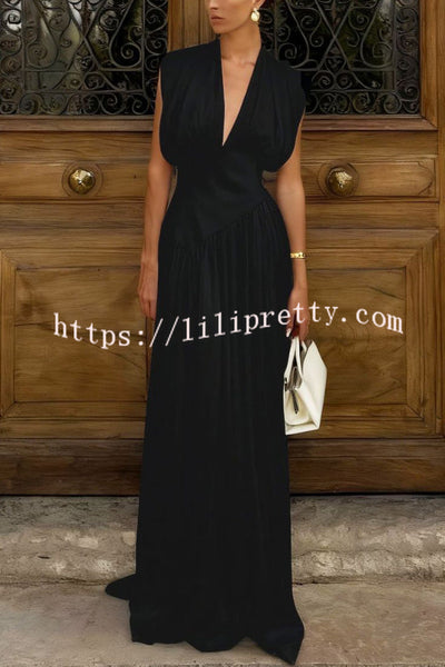 Elegant V-neck Sleeveless Fitted Waist High Slit Vacation Maxi Dress