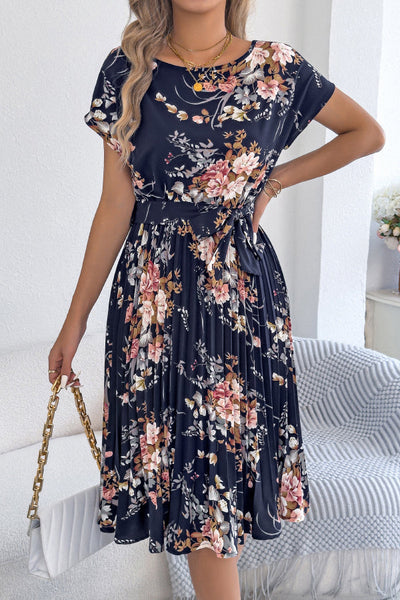 Floral Print Round Neck Fitted Waist Tie Pleated Midi Dress