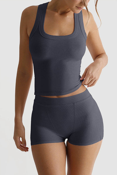 Fashionable Sports Yoga Style Sleeveless Square Neck Top and Elastic Slim Shorts Set
