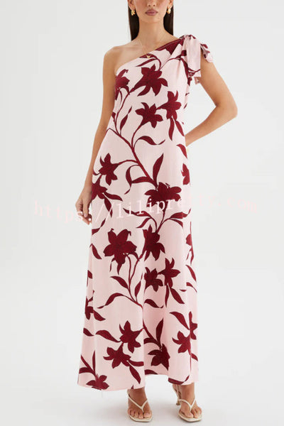 Botanical Print Sleeveless One-shoulder Tie-up Casual Vacation Maxi Dress