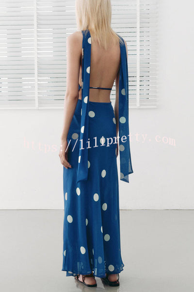 Fashion Polka Dot Print Sexy Halter Neck Backless Maxi Dress