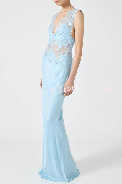 Wonderful Fusion Satin Lace Trim See-through Waist V-neck Drape Maxi Dress