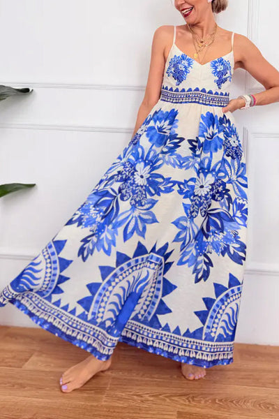 Bohemian Art Print Blue and White Striped Sundress