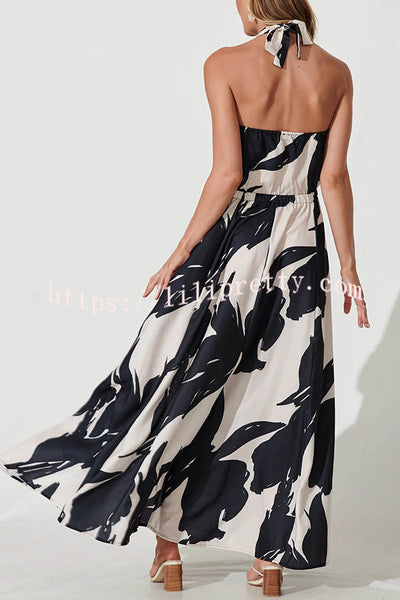 Black and White Style Floral Print Elastic Waist Halter Slit Maxi Dress