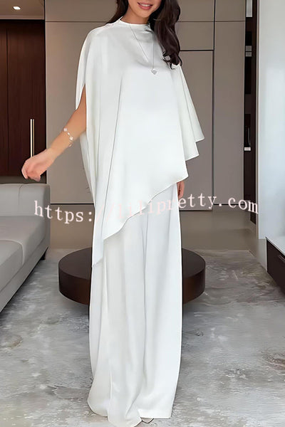 Iris Satin High Neck Cape Sleeve Irregular Hem Top and Elastic Waist Wide-Leg Pants Set