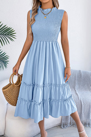 Solid Color Sleeveless Tucked Patchwork Casual Midi Dress