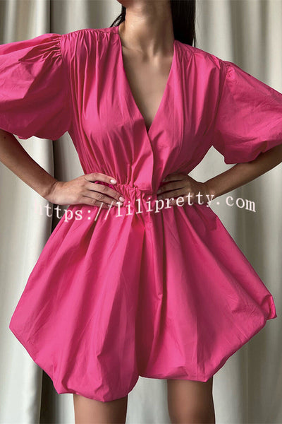 Solid Color Sexy V-neck Lantern Sleeve Waist Mini Dress