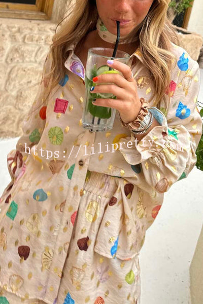 Fashionable Gold Stamping Unique Printing Lapel Long Sleeve Shirt and Elastic Waist Casual Pocket Shorts Set