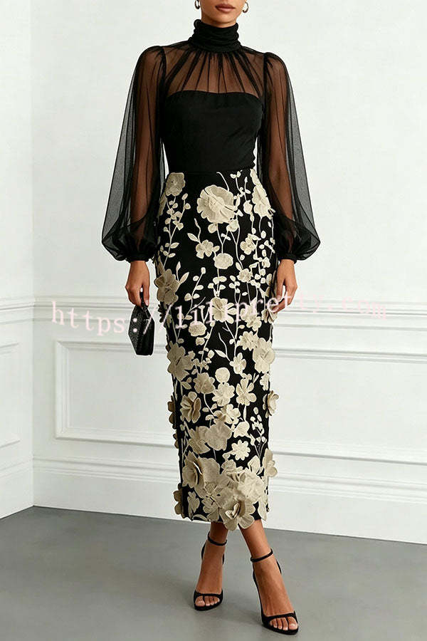 Tanie Tulle High Neck Long Lantern Sleeve 3D Floral Appliqués Hem Midi Dress