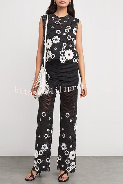 Fashionable Embroidered Hollow Crochet Sleeveless Round Neck Knitted Vest