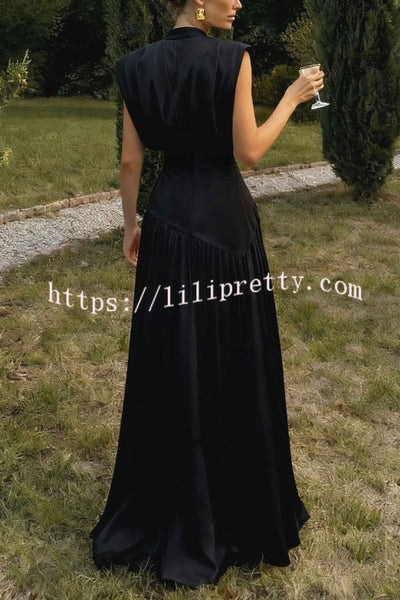 Elegant V-neck Sleeveless Fitted Waist High Slit Vacation Maxi Dress