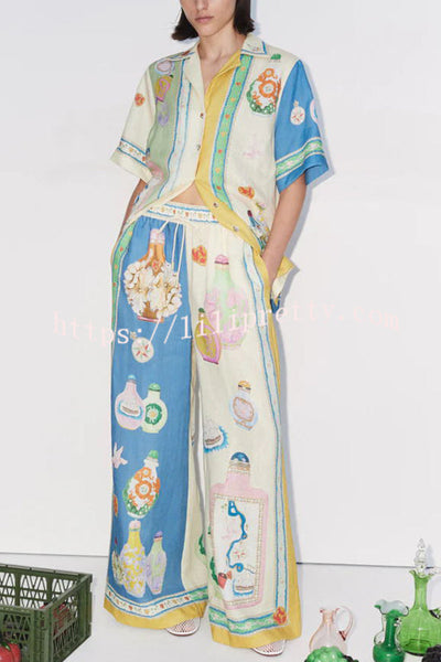 Creating Memories Linen Blend Unique Print Elastic Waist Pocket Wide Leg Pants