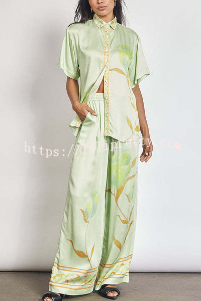 Niah Satin Tulip Print Lapel Short Sleeve Shirt and Elastic Waist Tie Pocket Wide Leg Pants Set