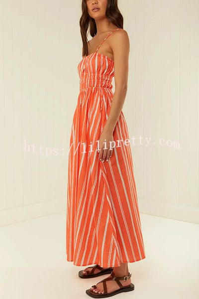 Unique Printed Suspender Backless Pleated Waist Maxi Dress
