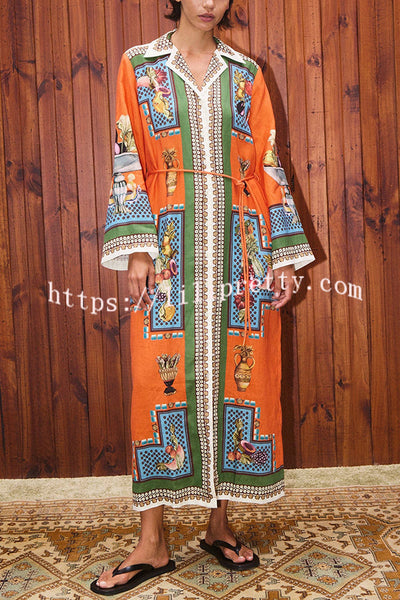Linen Blend Unique Print Tie-waist Casual Maxi Dress