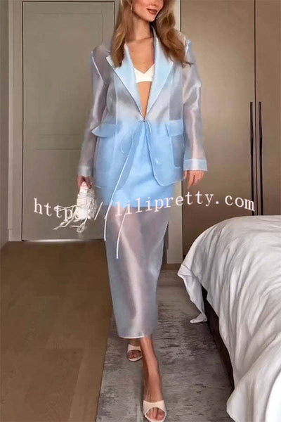 Simple and Light See-through Fabric Tie-up Long Sleeve Pocket Lapel Blazer