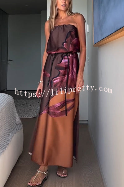Drawing Inspiration Satin Floral Print Off Shoulder A-line Slit Maxi Dress