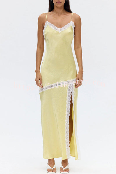 Sweet Trend Satin Lace Trim V-neck Slit Slip Maxi Dress
