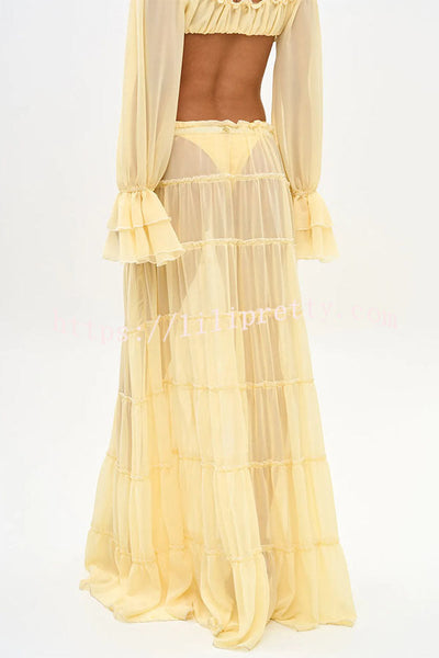 Gentle Sunshine Off Shoulder Long Bell Sleeve Crop Top and Elastic Waist Layered Cover-up Maxi Skirt Set