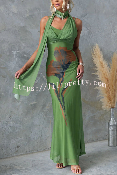Larne Mesh Floral Print Wrap Style Neckline Stretch Maxi Dress
