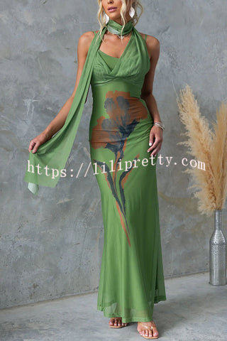 Larne Mesh Floral Print Wrap Style Neckline Stretch Maxi Dress