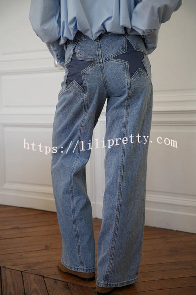 Stylish Denim Colorblock Star Patterned Mid Waist Pocket Wide Leg Jeans