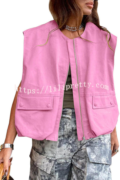 Fashion Zipper Sleeveless Pocket Loose Vest Jacket