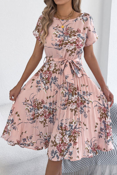 Floral Print Round Neck Fitted Waist Tie Pleated Midi Dress
