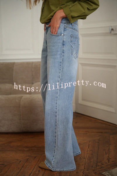 Stylish Denim Colorblock Star Patterned Mid Waist Pocket Wide Leg Jeans
