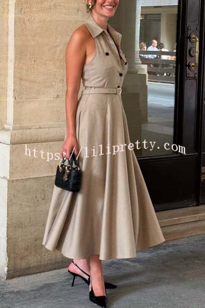Charmed To Meet You Button Up Belted Pocket Halter Shirt Flare Midi Dress