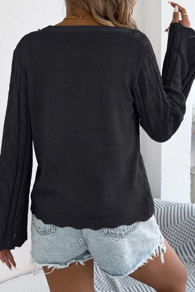 Solid Color Loose V-neck Long-sleeved Vacation Knit Cardigan