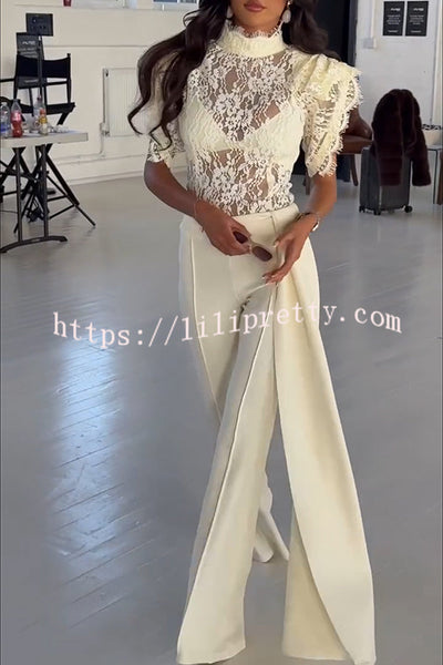Alizah Floral Lace High Neck Ruffle Sleeve Top and Elastic Waist Drape Hem Flare Pants Set