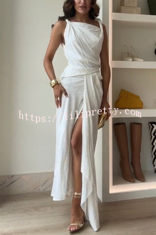 Sculptural Effect Linen Blend Twisted Shoulder Strap Drape Maxi Dress