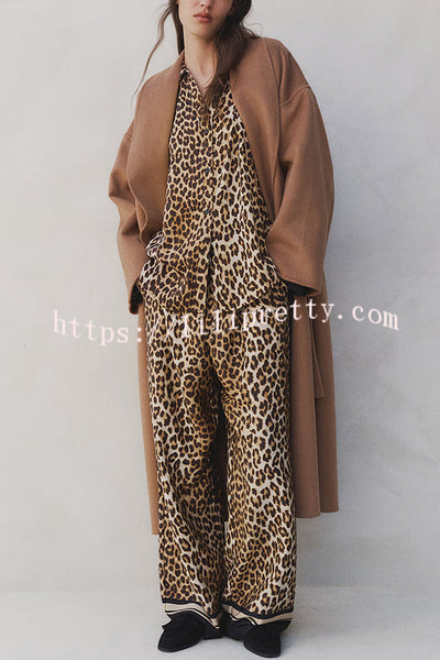 Unique Print Lapel Long Sleeve Loose Shirt and Elastic Waist Casual Pocket Wide Leg Pants Set