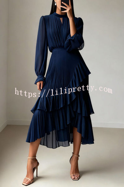 Solid Color Round Neck Long Sleeve Fitted Waist Pleated Ruffle Midi Dress
