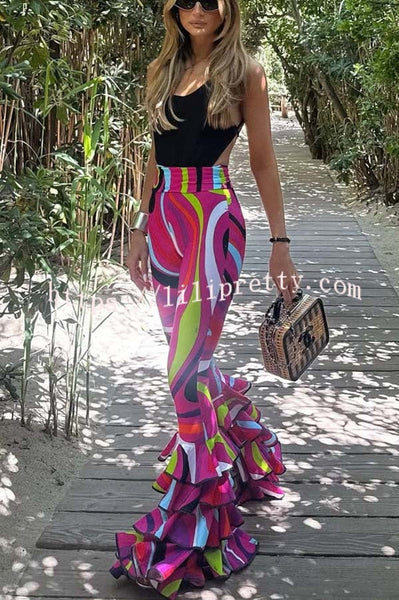 Cadee Unique Print High Rise Layered Flare Hem Stretch Pants