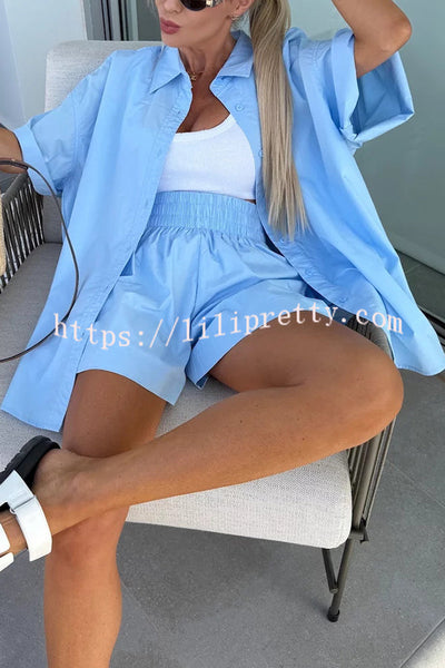 Summer Casual Loose Short-sleeved Shirt and Elastic High Waist Shorts Set