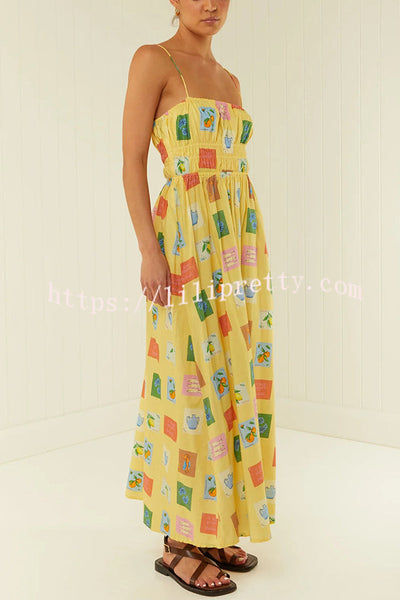 Unique Printed Suspender Backless Pleated Waist Maxi Dress