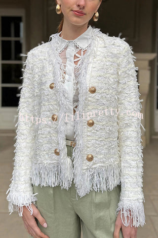 Solid Color Metal Button Long Sleeve Elegant Tassel Top