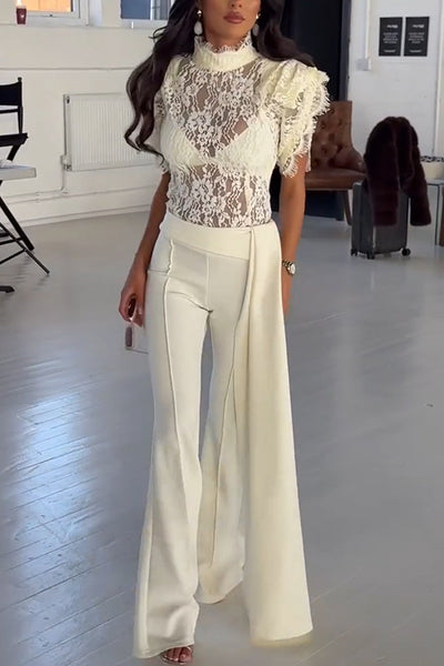 Alizah Floral Lace High Neck Ruffle Sleeve Top and Elastic Waist Drape Hem Flare Pants Set