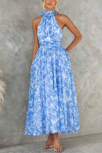 Eternal Bloom Chiffon Floral Print Halter Tie High Neck Maxi Dress