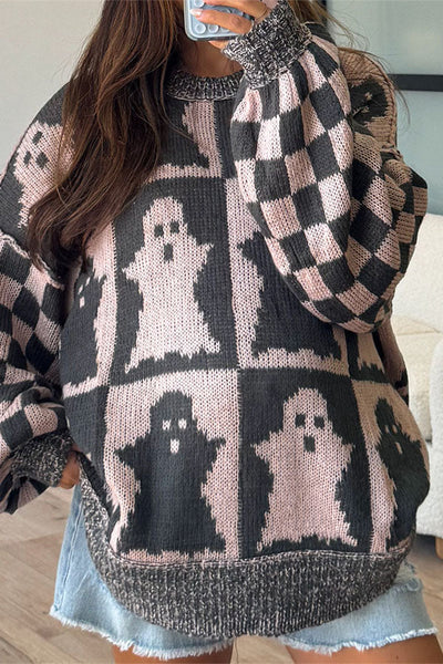 Halloween Ghost & Checkerboard Oversized Knit Sweater