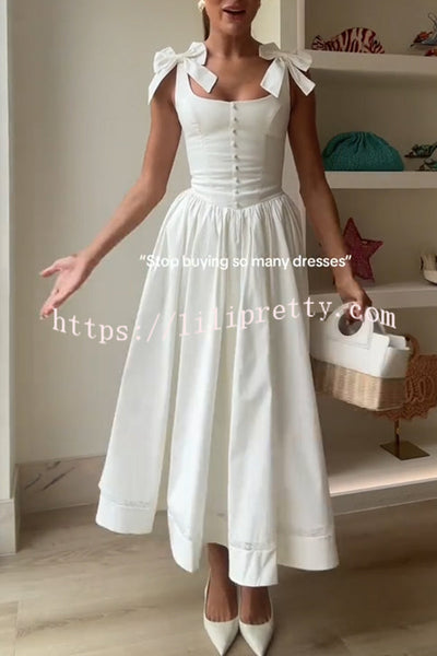 Real Darling Square Neck Cute Bows Straps Button Up Pocketed Midi Dress