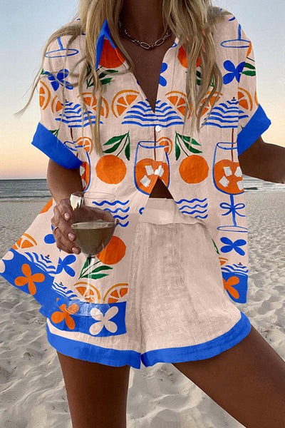 Orange Drink Print Loose Button Elastic Waist Shorts Set
