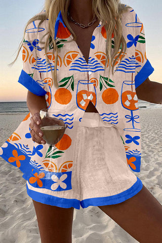 Orange Drink Print Loose Button Elastic Waist Shorts Set