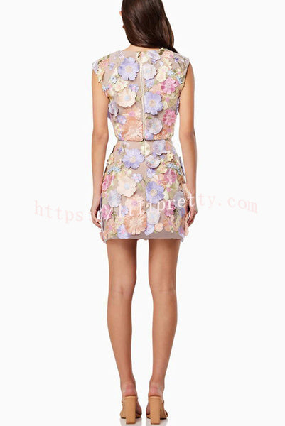 Sunday Charm Embroidered Floral Applique Crop Top and High Rise Mini Skirt Set