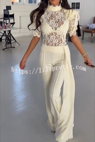 Alizah Floral Lace High Neck Ruffle Sleeve Top and Elastic Waist Drape Hem Flare Pants Set