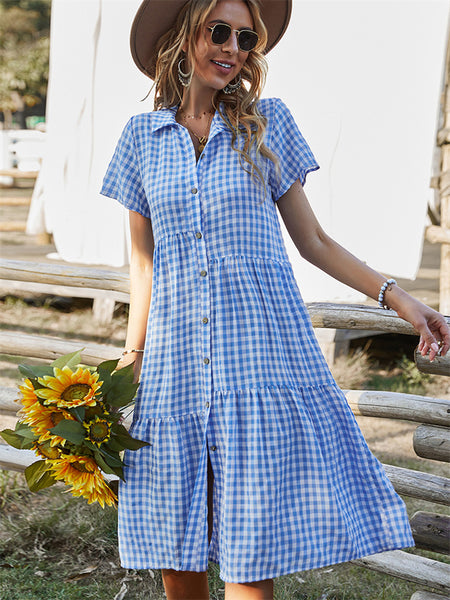 Summer New Temperament Commuter Women's Lapel Plaid High Waist Short-sleeved Dress Shirt Collar Casual Large Swing Type Skirt Kmmey